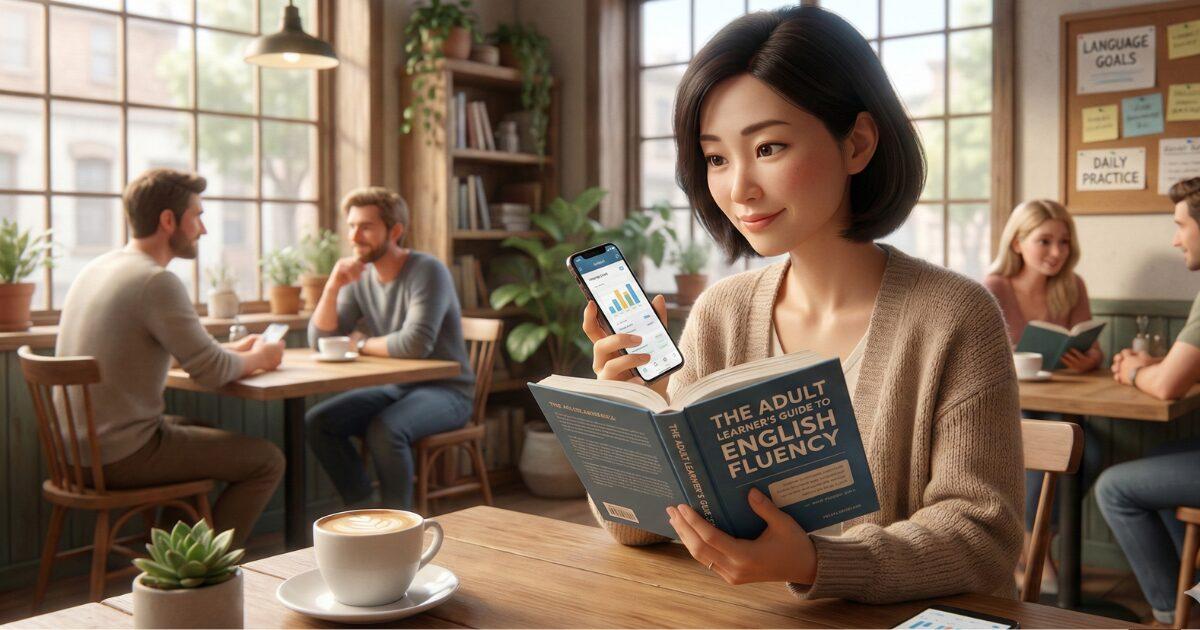 カフェでSLAを基本に英語の学習をする女性