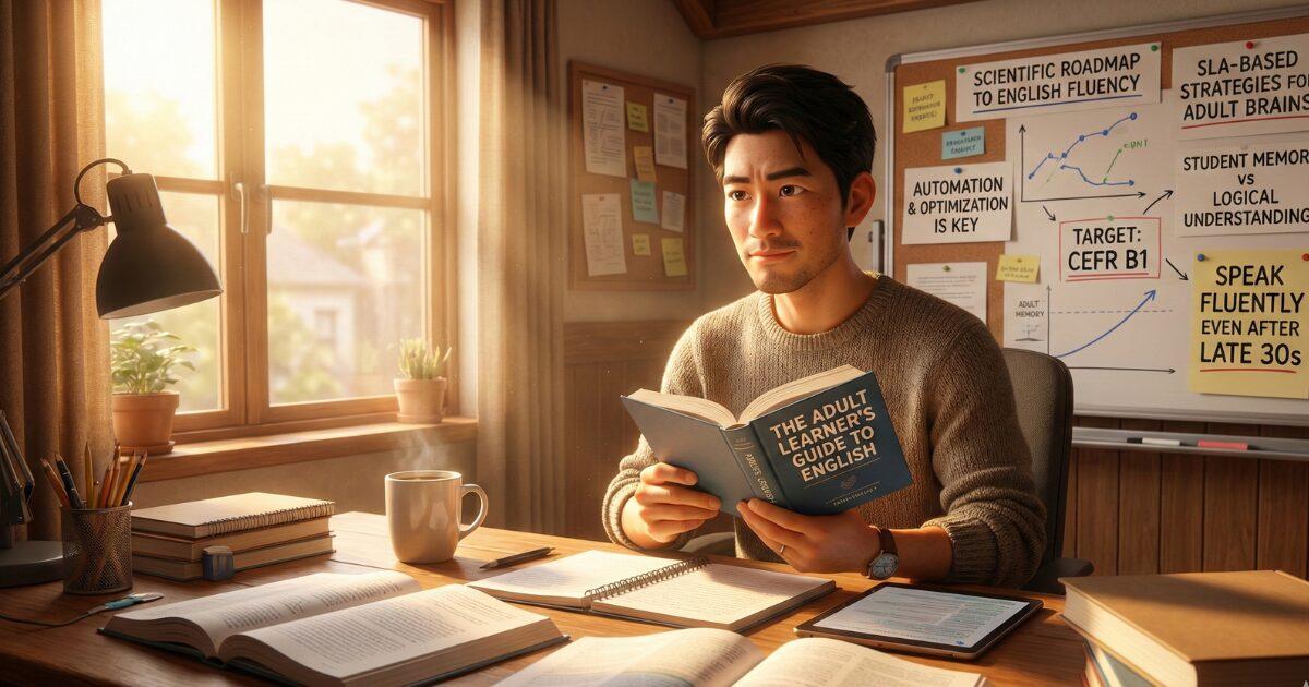 カフェでSLAを基本に英語の学習をする男性