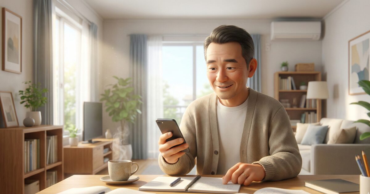 スマホを使ってAIで英語の学習をしている男性