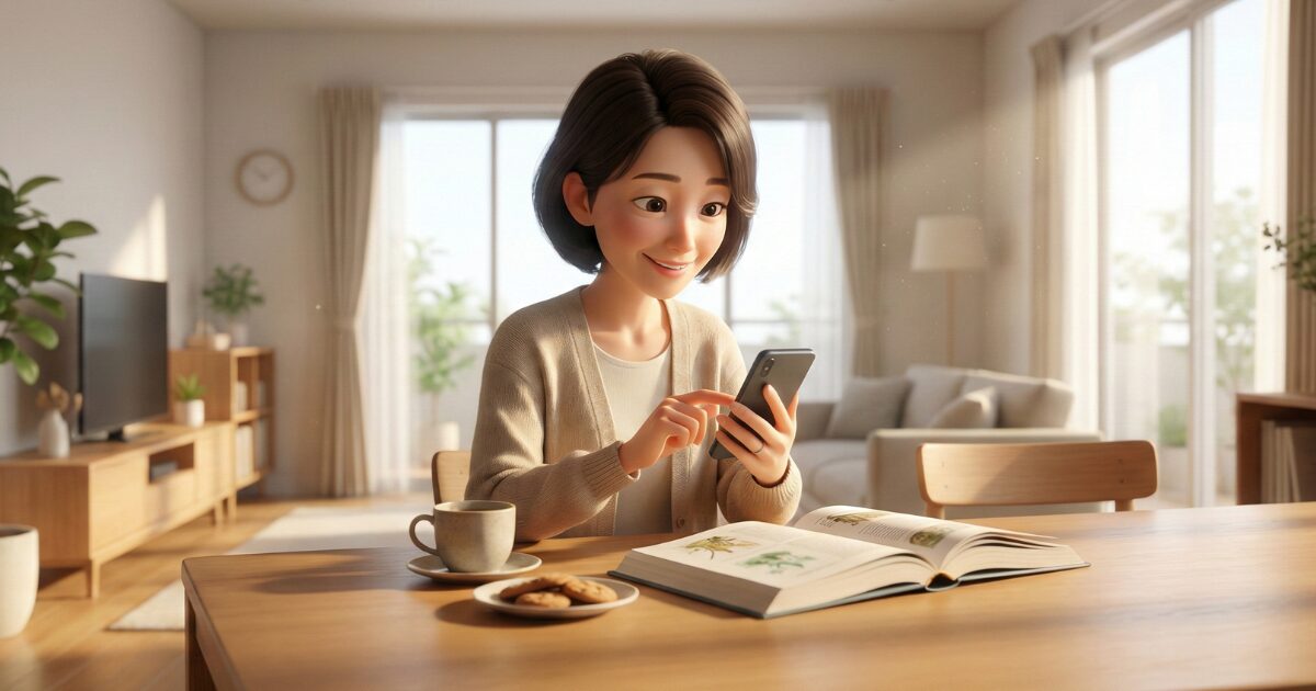 スマホを使ってAIで英語の学習をしている女性