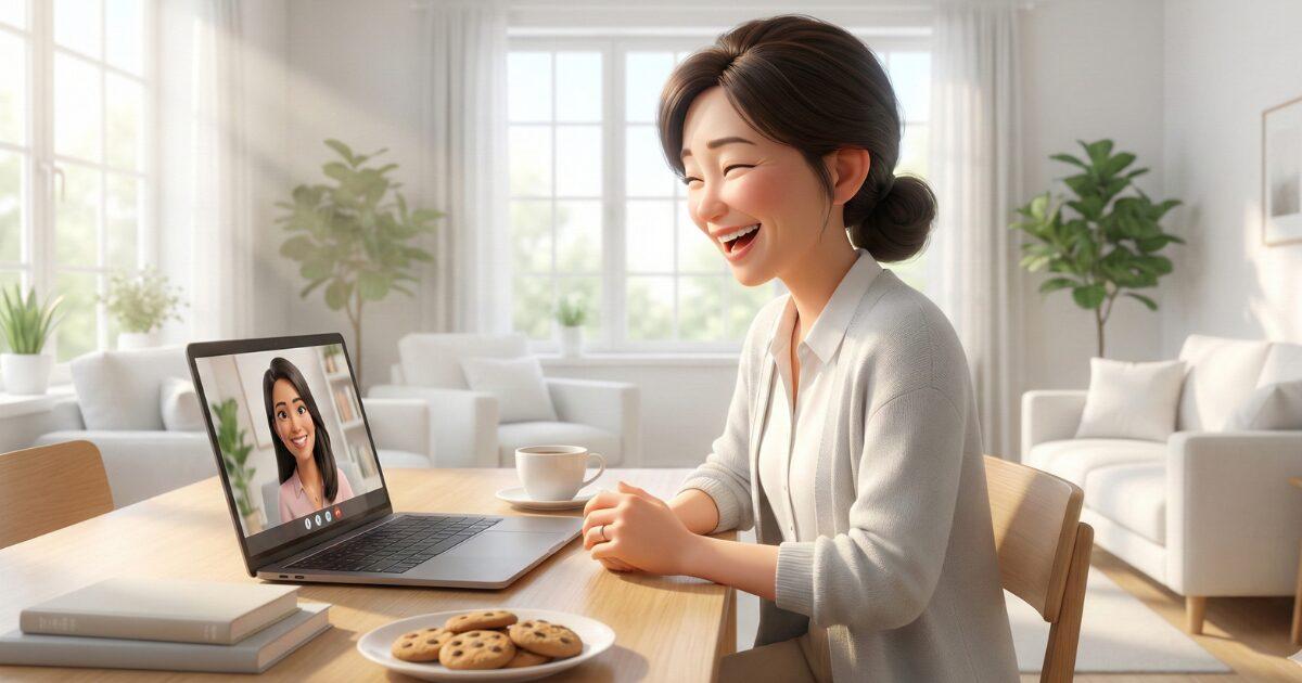 スマホでオンライン英会話を楽しく受講する女性