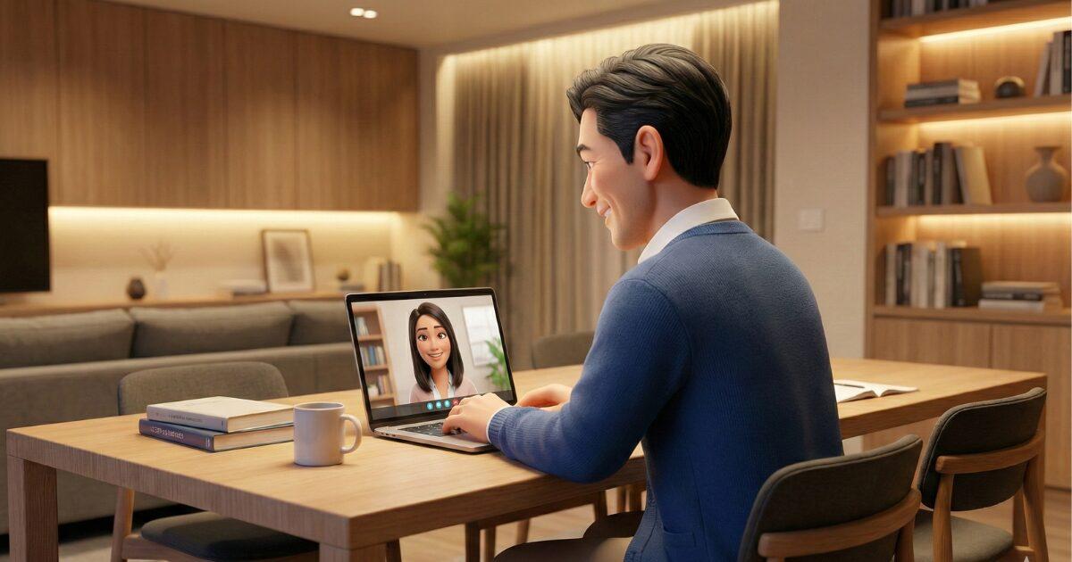 ノートパソコンでオンライン英会話を楽しく受講する男性