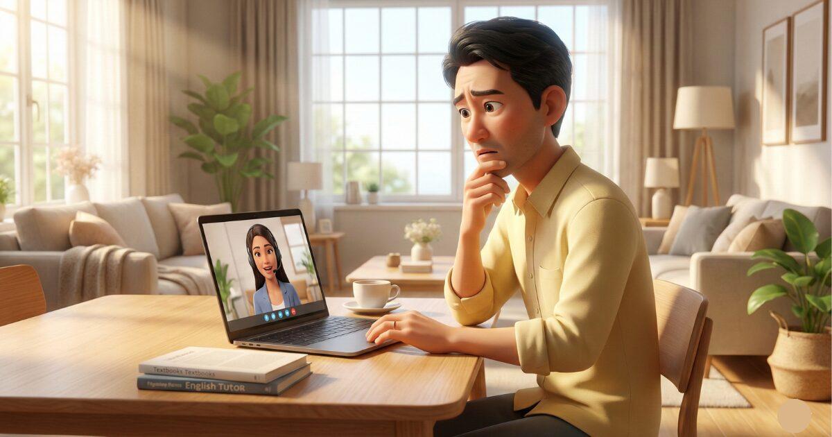 スマホでオンライン英会話を受講しているが講師の英語が聞き取れない男性