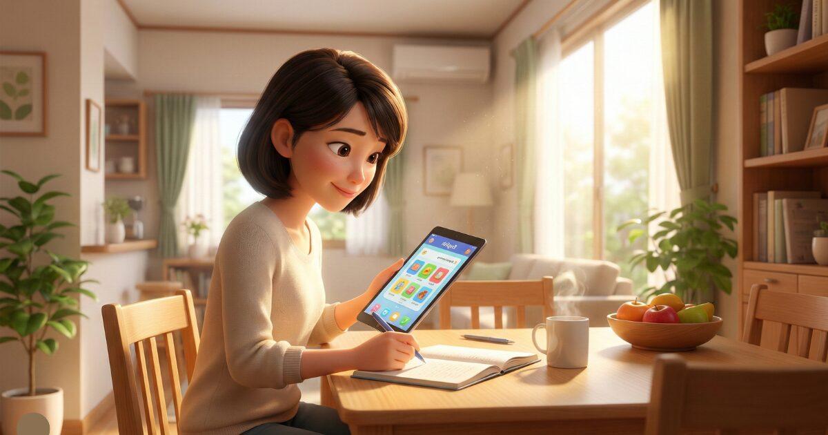 タブレットを見ながら英語の勉強をしている女性