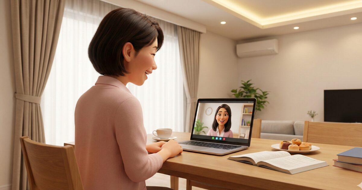 ノートパソコンでオンライン英会話を楽しく受講する女性