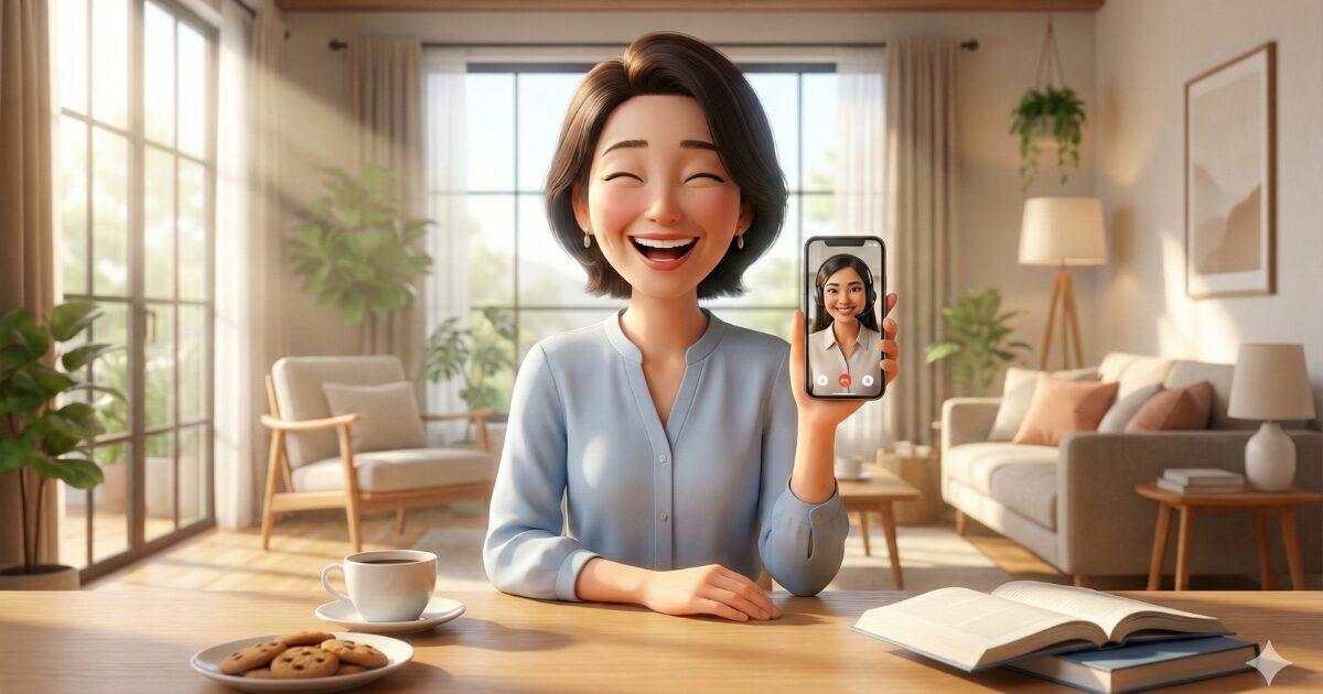 スマホでオンライン英会話を受講する女性