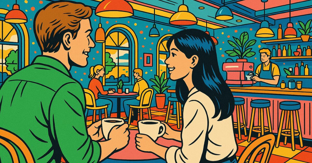 40代の社会人女性がアメリカ人男性とカフェで英会話をしている