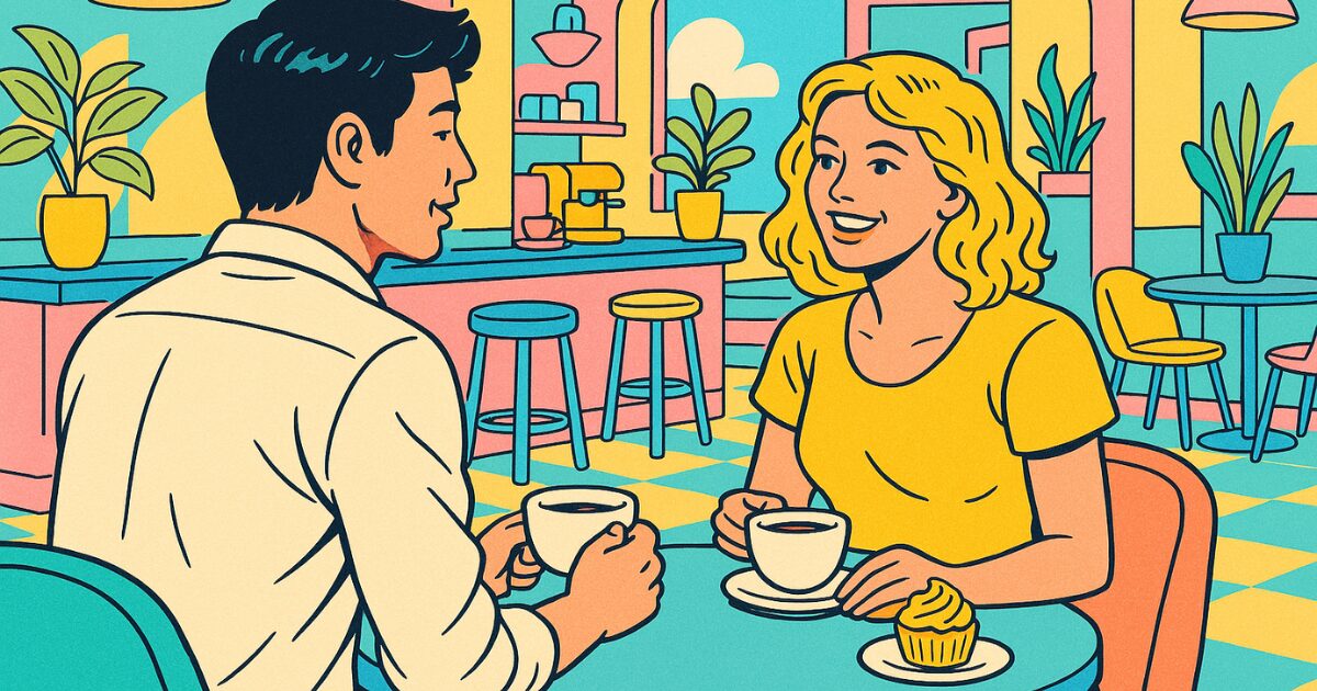 40代の社会人男性がアメリカ人女性とカフェで英会話をしている