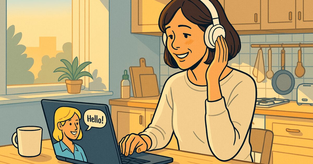 キッチンでオンライン英会話で英語を勉強している主婦