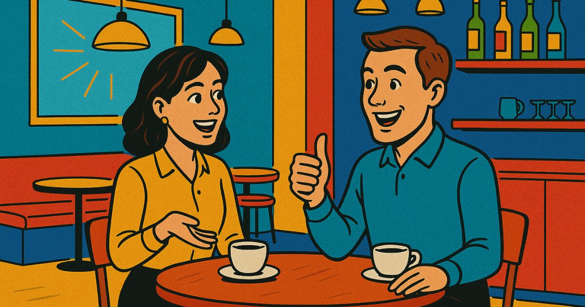 アメリカ人男性と英会話をする女性