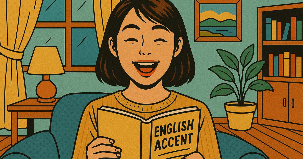 英語のテキストブックを読み上げて発音やアクセントの練習をしている男性