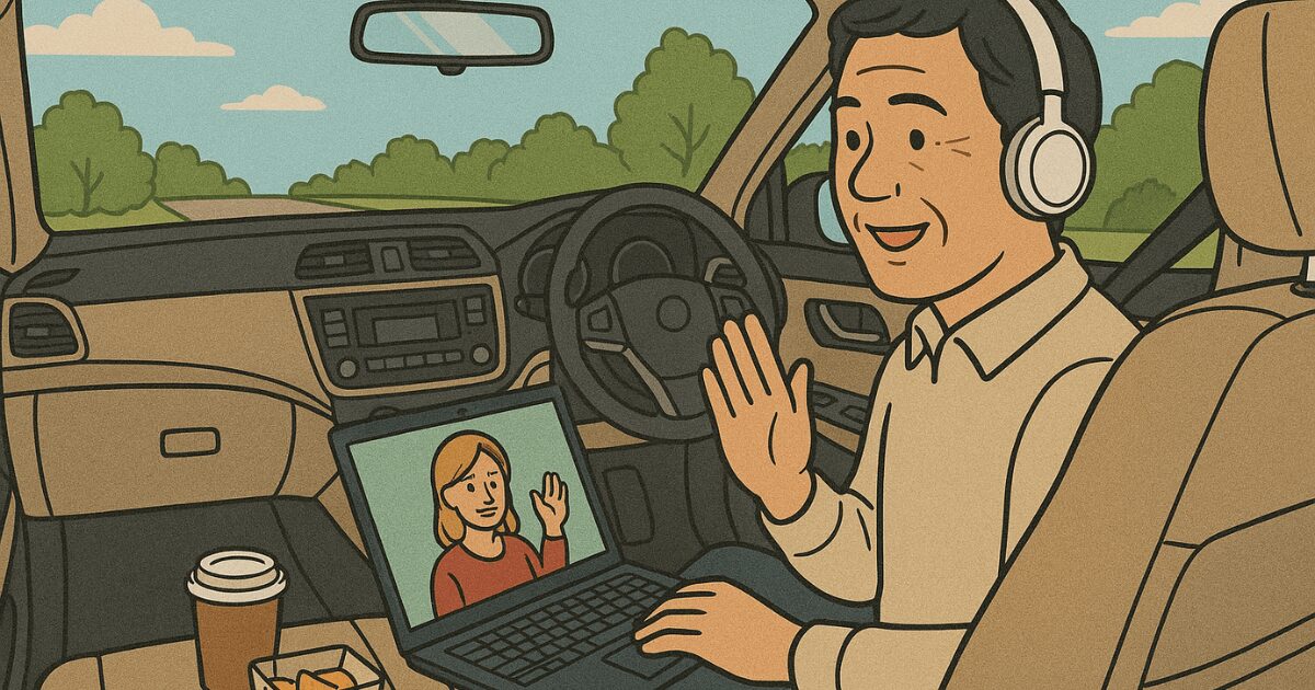 車の中でオンライン英会話を受講している男性