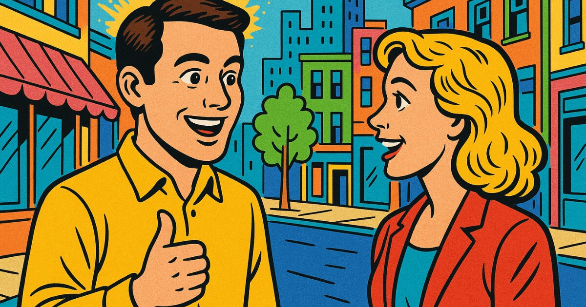 アメリカ人女性と英会話をする男性