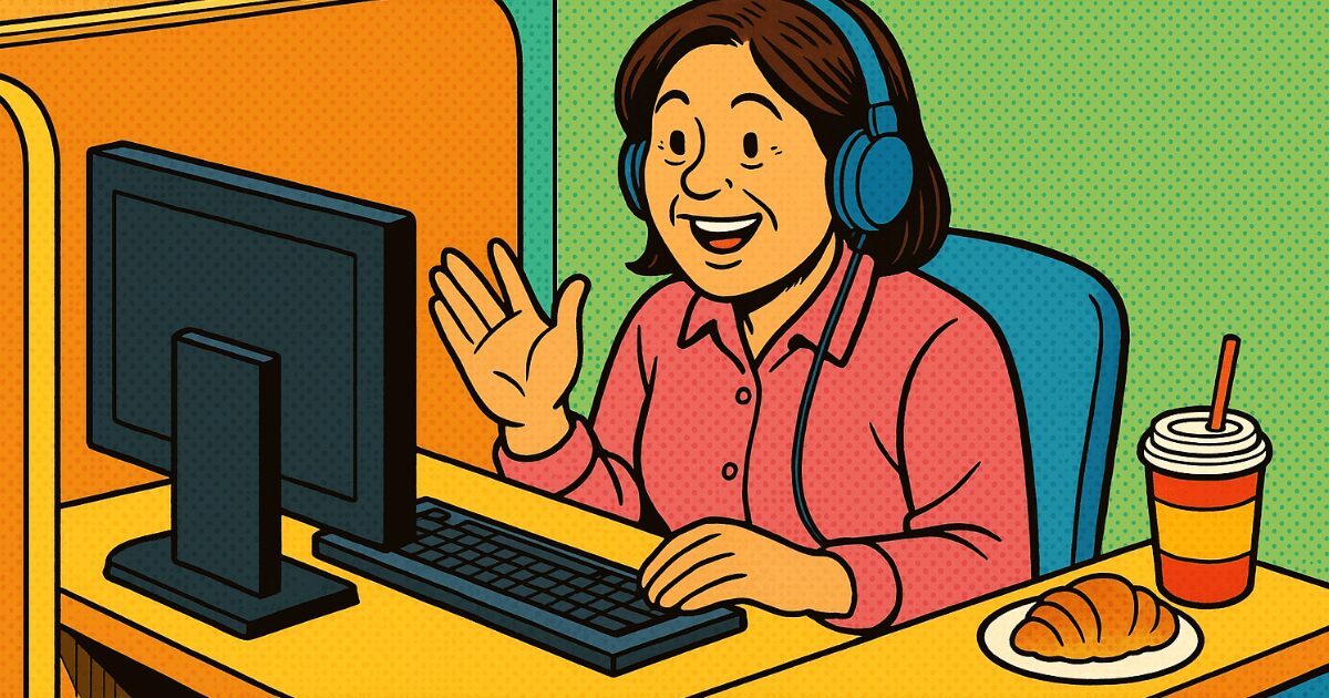 ネットカフェでオンライン英会話を受講している女性