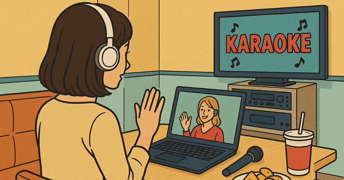 カラオケボックスでオンライン英会話を受講している女性
