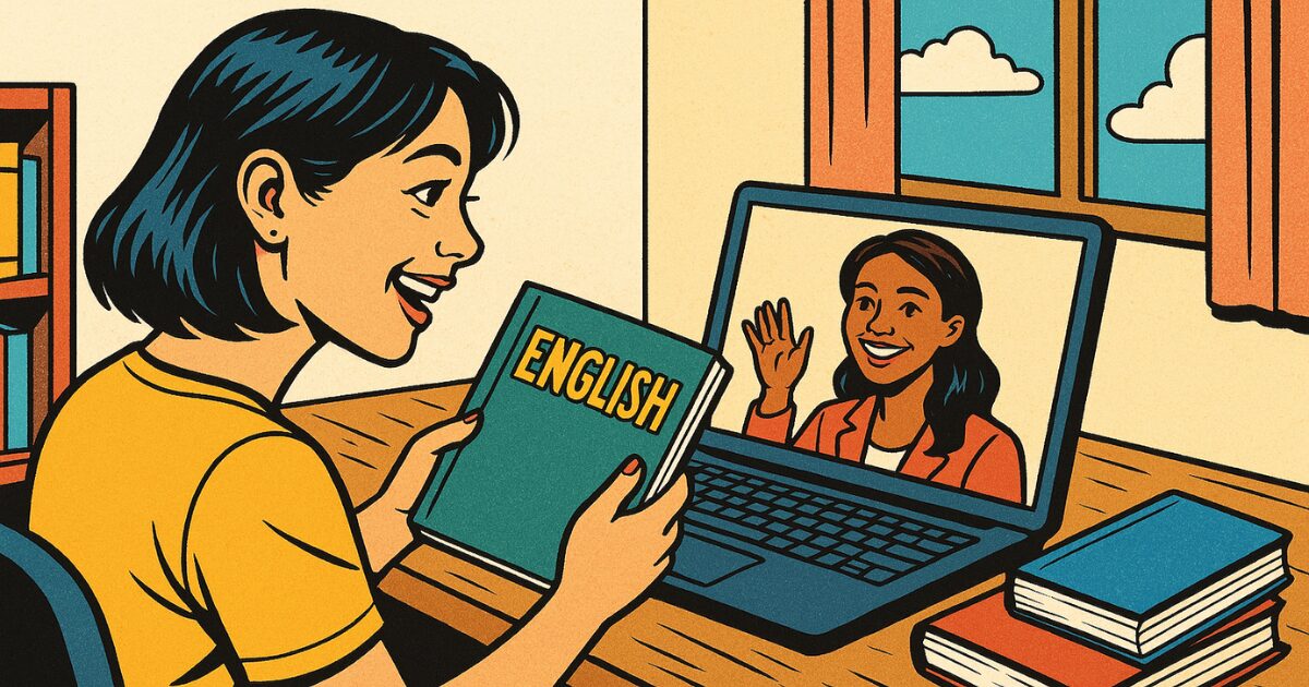 オンライン英会話に教材を持ち込んで受講する女性