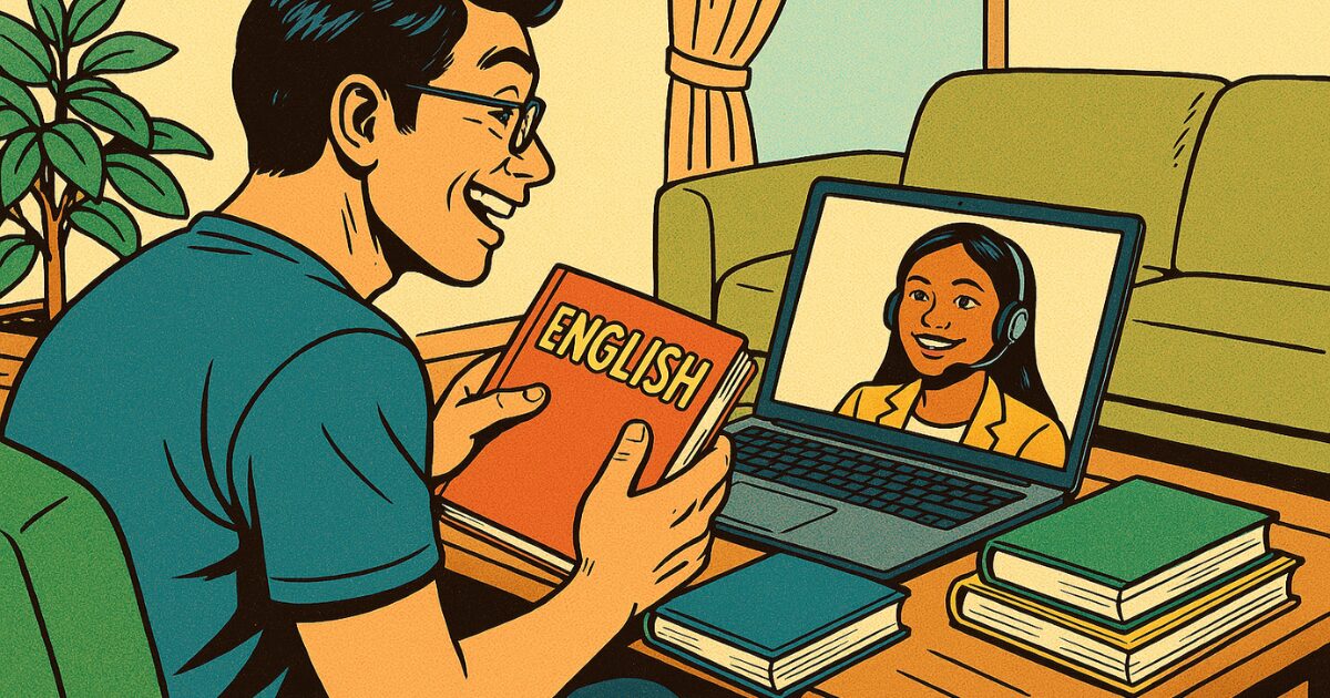 オンライン英会話に教材を持ち込んで受講する男性