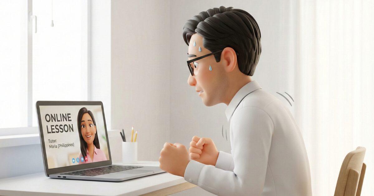 初めてのオンライン英会話で緊張している男性