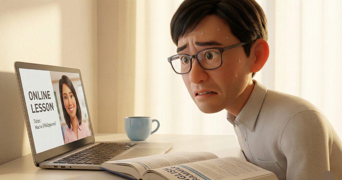 初めてのオンライン英会話で緊張している男性